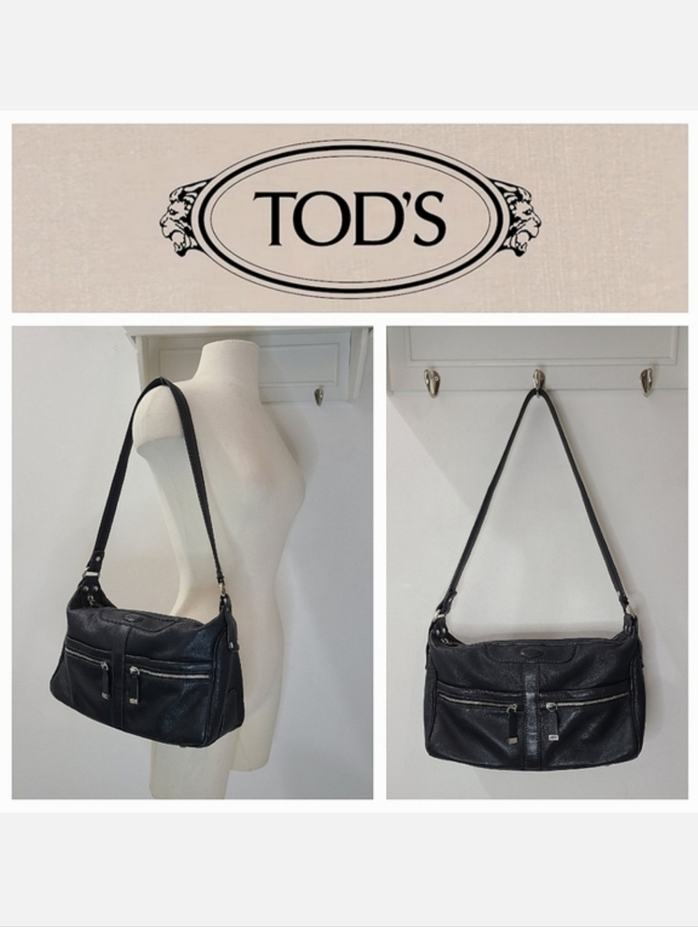 TOD'S Black Miky Genuine Leather Shoulder Bag Handcrafted in Italy
